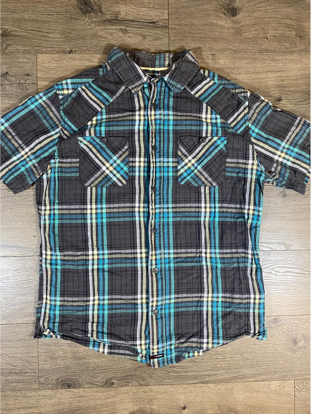Tony Hawk Mens L Plaid Short Sleeve Button Up Shirt Teal Black Y2K Skater